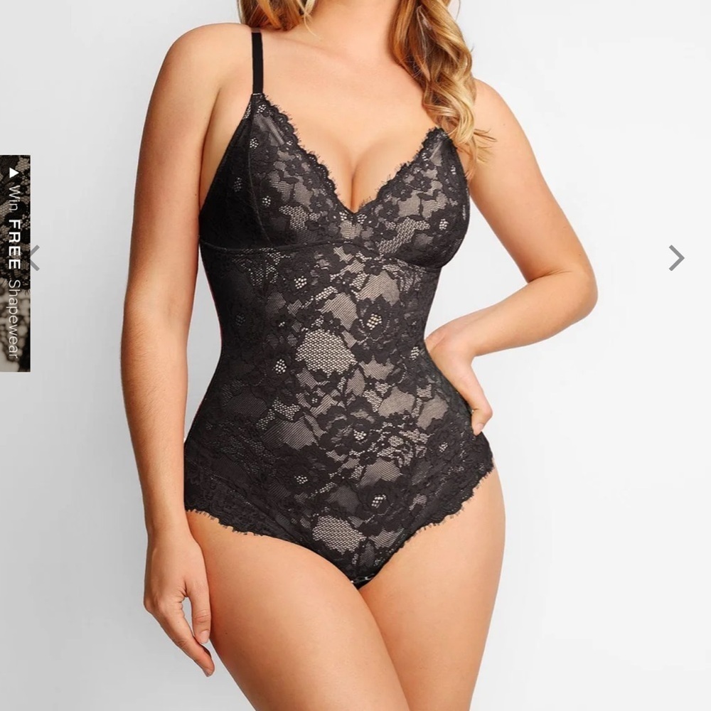 Popilush Shapewear Lace Lined Bodysuit V Neck Tummy Control Black Nude XXL